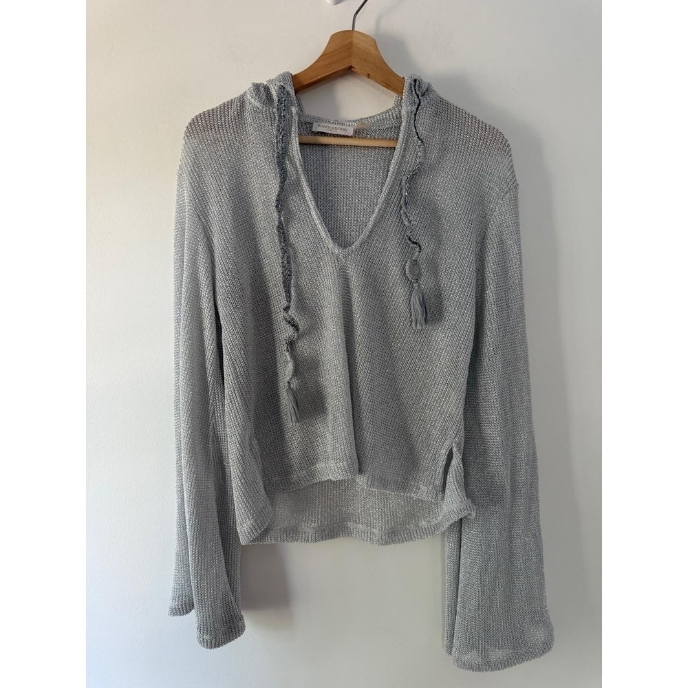 Ramy Brook Women’s Light Grey Metallic Cropped Knit Hoodie Sweater Coverup S / M
